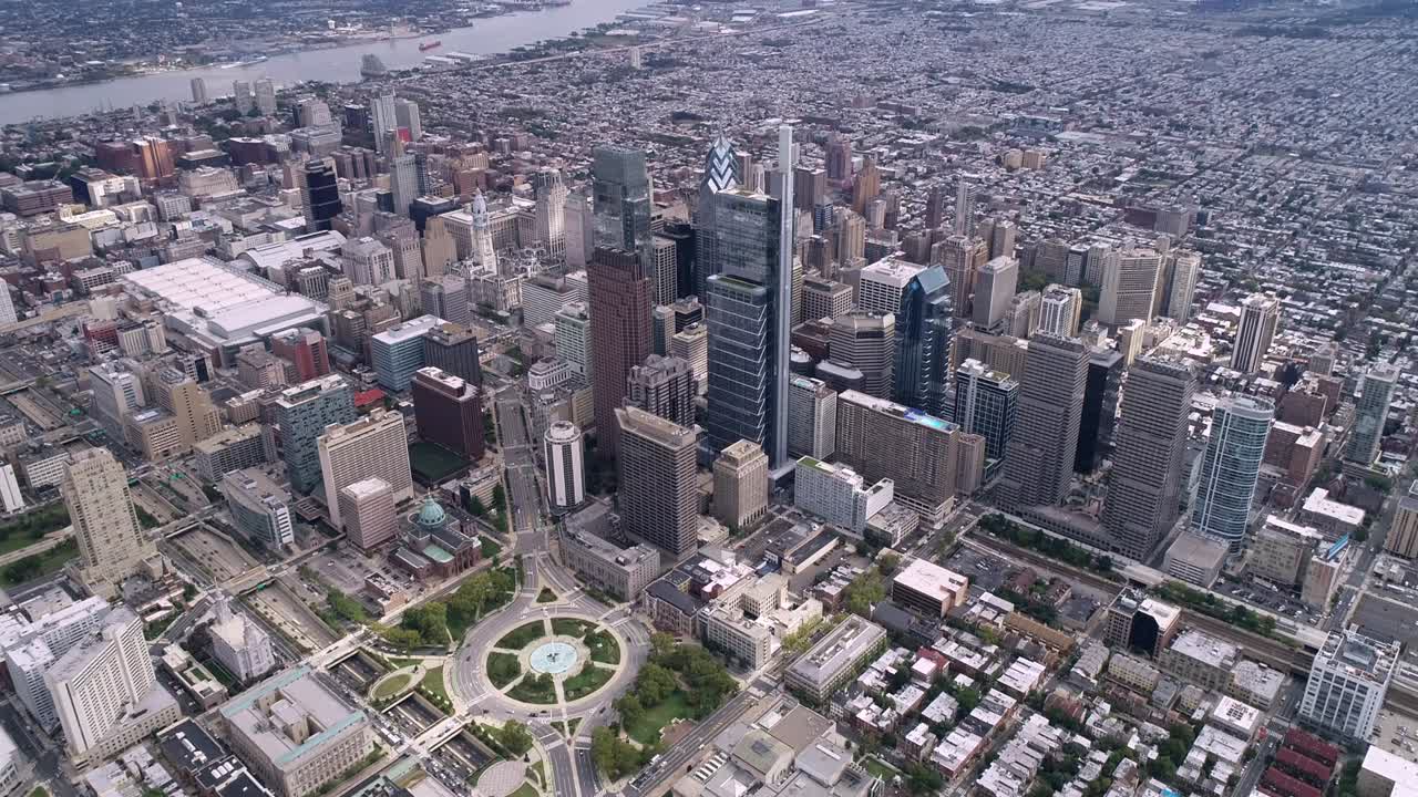 Philadelphia Cityscape Skyscrapers and Delaware River Ben Franklin Bridge City Hall Logan Circle Park in Background