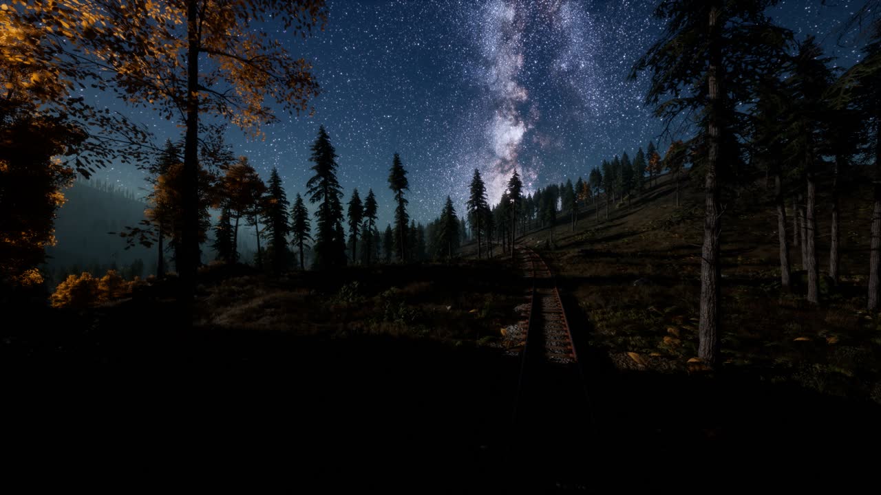 A Via Láctea sobre a ferrovia e a floresta