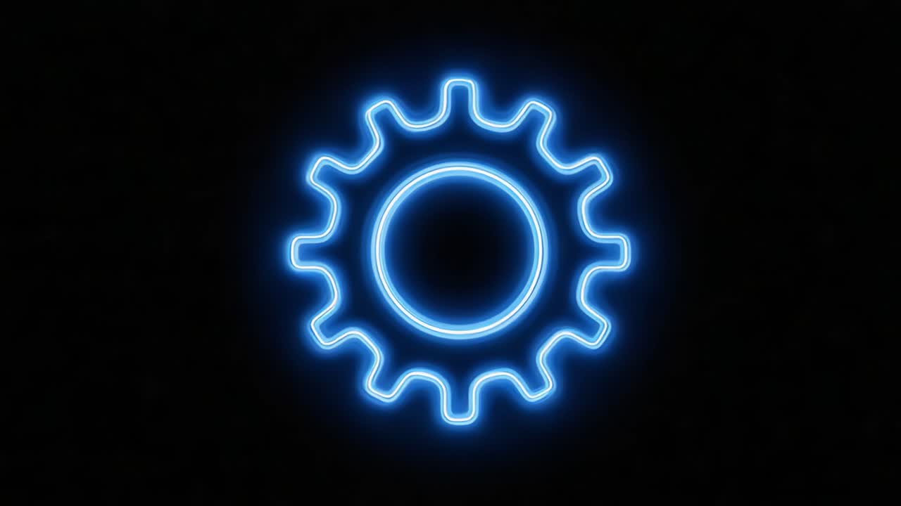Icona di ingranaggio al neon illuminata su sfondo nero, che simboleggia meccanismo, tecnologia e innovazione digitale nell'estetica del design moderno e nelle visualizzazioni creative