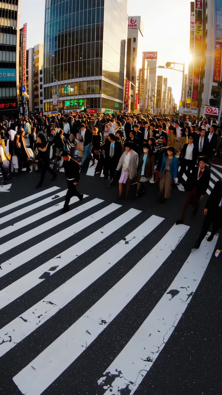 Large crowd of pedestrians crossing a busy street in a Japanese city at sunset