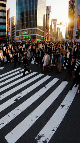 large crowd of pedestrians crossing a busy street in a japanese city at sunset