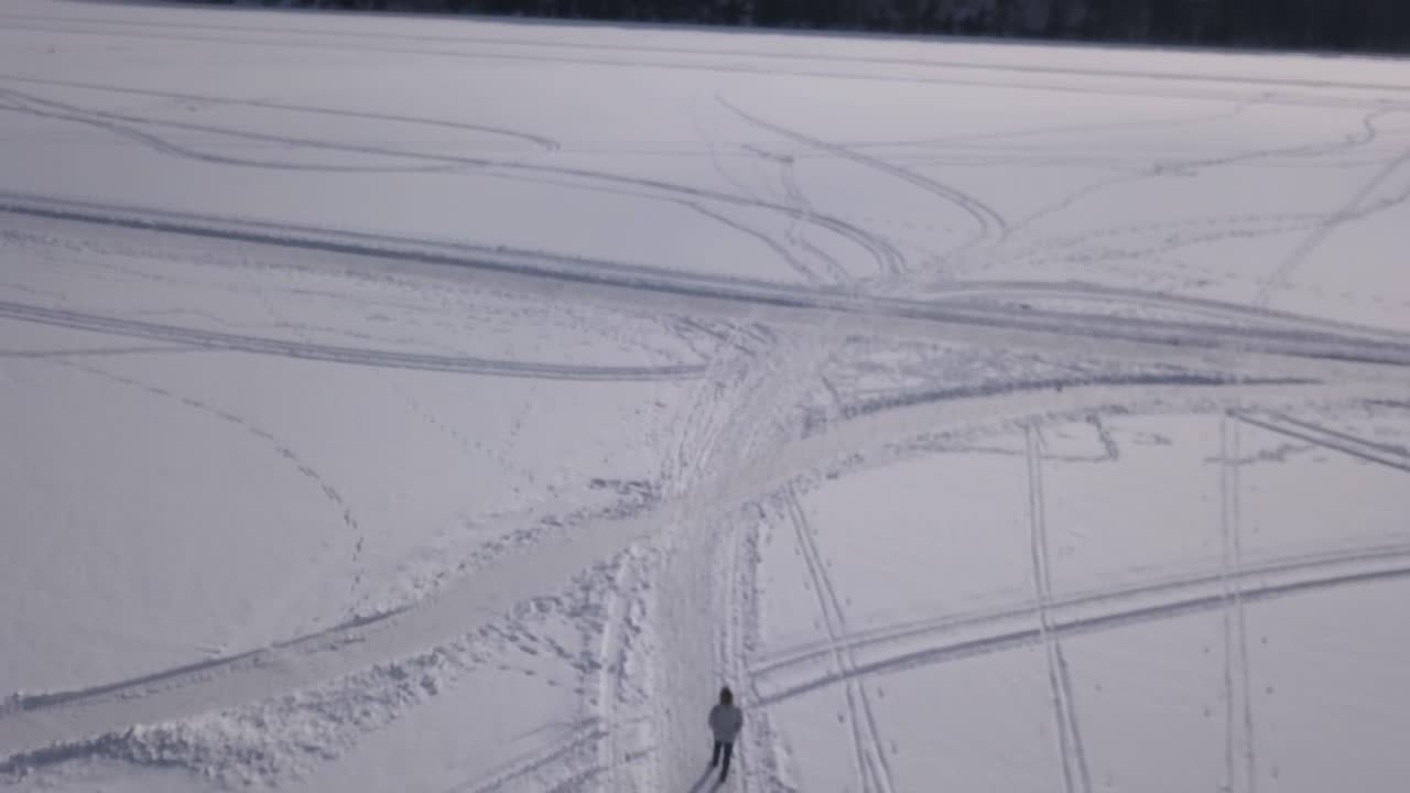 Snowy landscape with tracks and a person