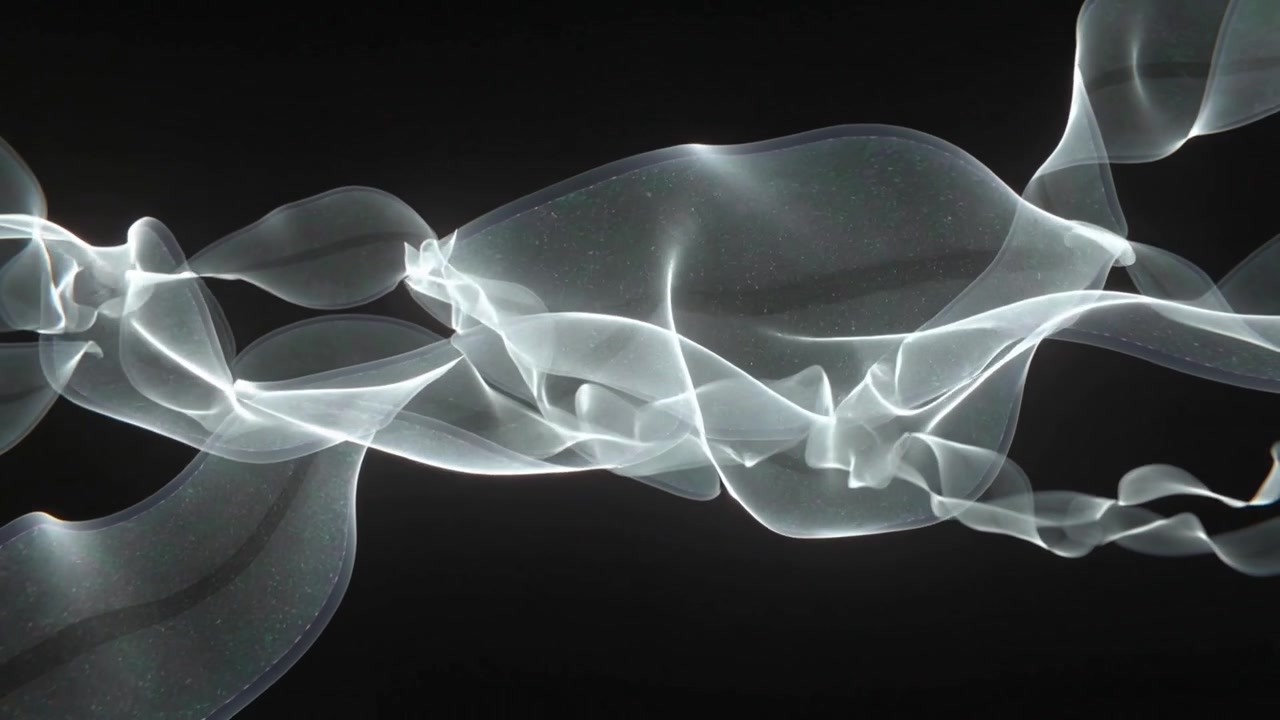 On playback drifting translucent ribbons waving and widening in black void, with curling tendrils