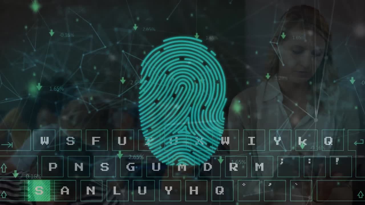 animación de la red de conexiones a través del teclado, la huella digital y la maestra caucásica
