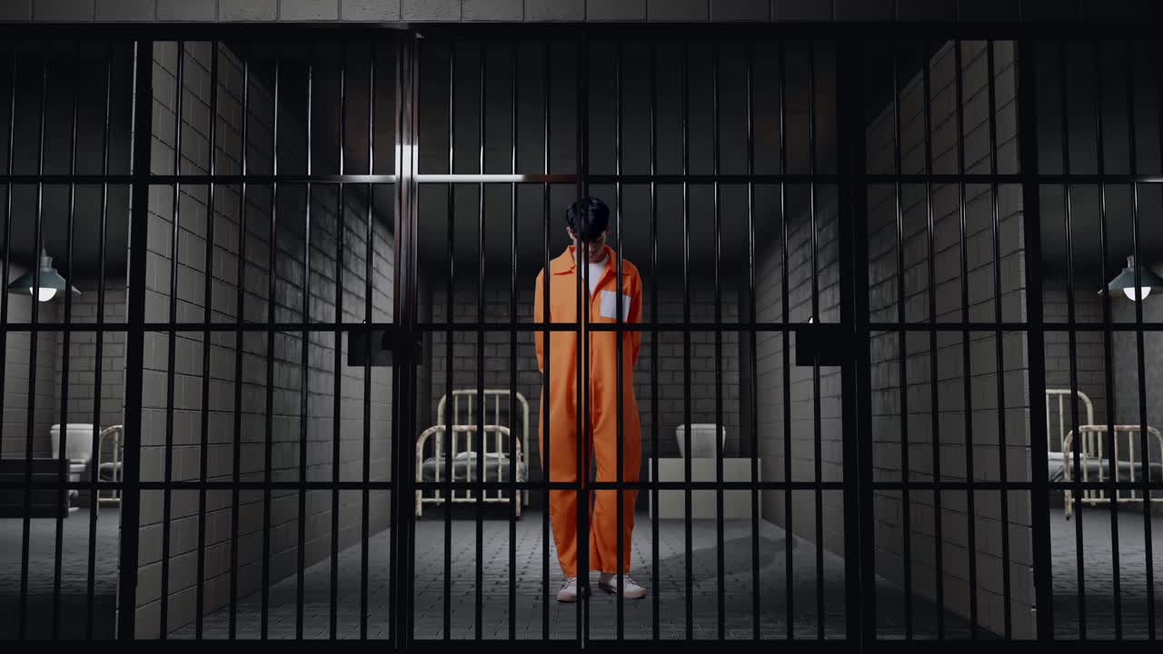 cuerpo lleno de prisionero masculino asiático en esposas de pie en la prisión, volviéndose para mirar a la cámara en ira