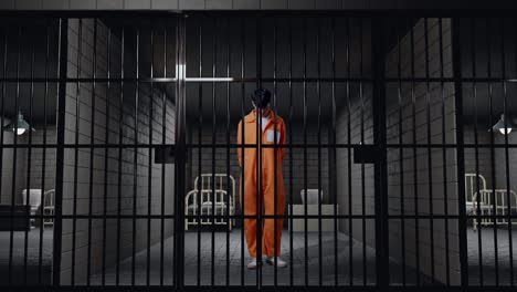 full body of asian male prisoner in handcuffs standing in prison, turning to look at camera in anger