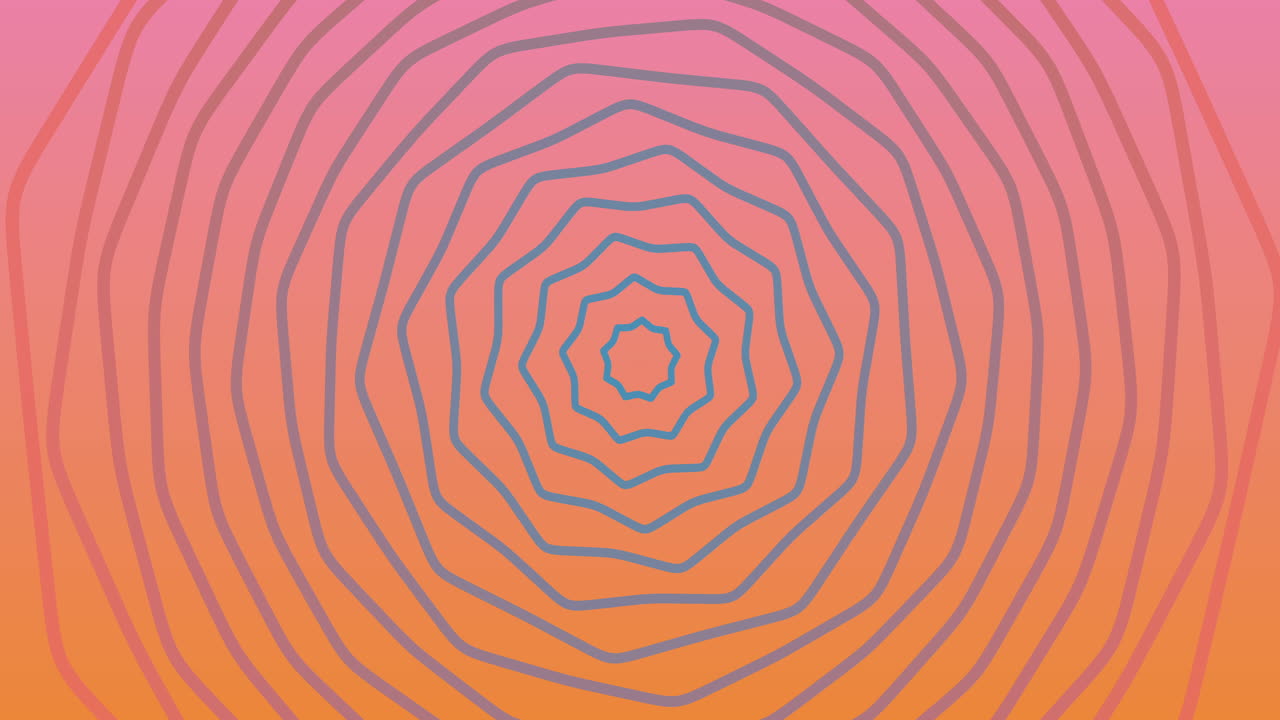 핑크-오렌지 그라데이션 배경 위에 루프에서 형태가 변경되는 사이키델릭 스타일의 나선형