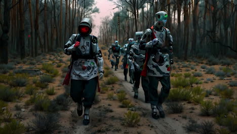 robots marching through a forest