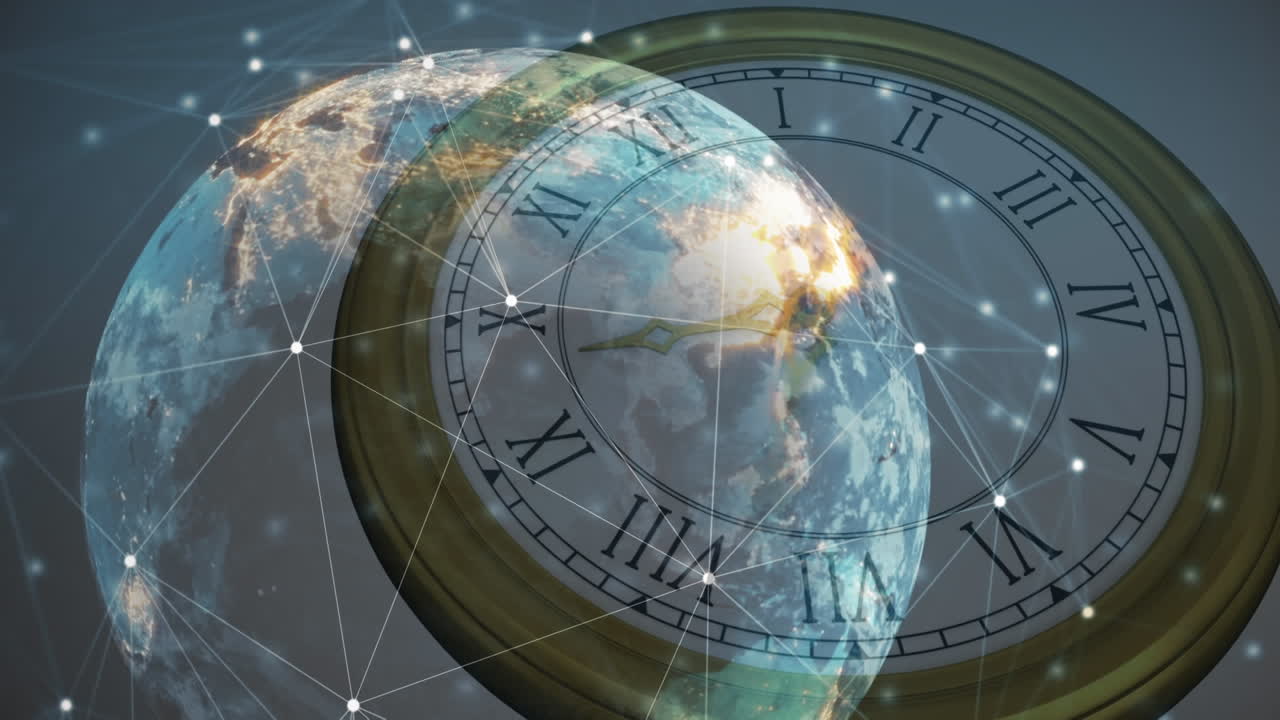 animación de redes de conexiones y globo sobre el reloj moviéndose rápidamente