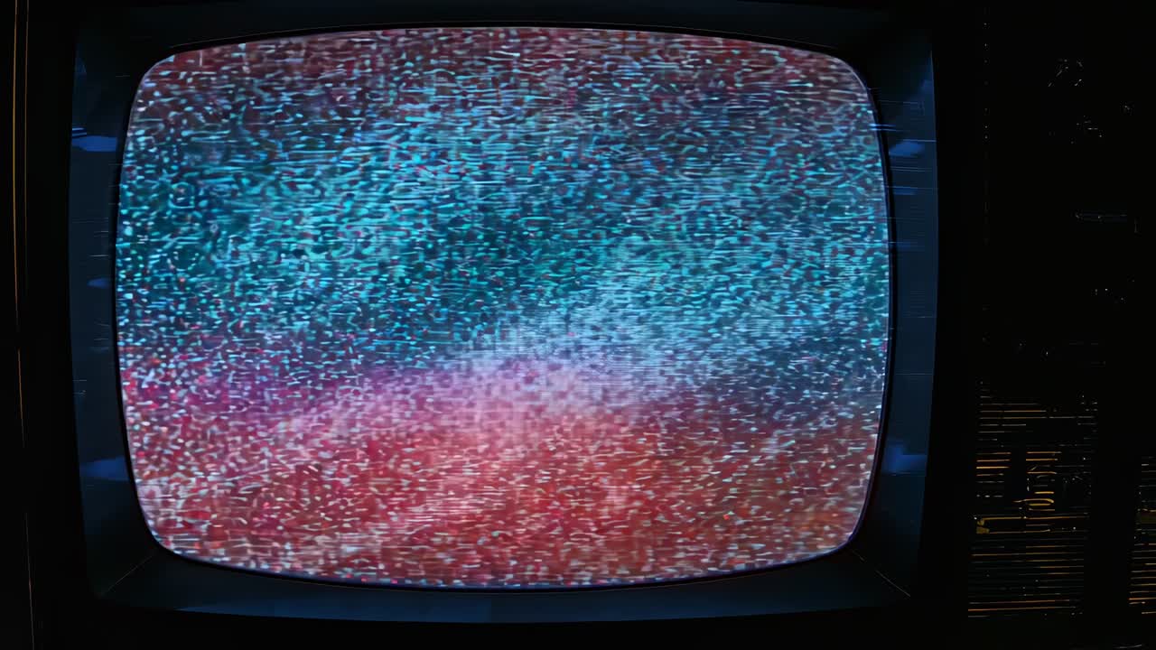 Powering CRT TV screen seeking signal, oscillating in dimly lit room, control dials flickering