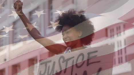 animation of flag of united states of america over senior african american woman demonstrating