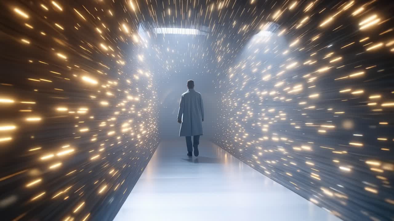 Uomo cammina in avanti, i passi che brillano dolcemente. Stelle esplodono intorno a lui, un tunnel di luce. Si muove verso un futuro luminoso e sconosciuto, senza paura. Concetto futuristico, viaggio, trasformazione.