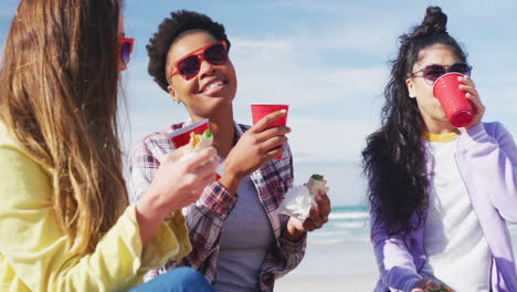 happy group of diverse female friends having fun, having picnic at the beach