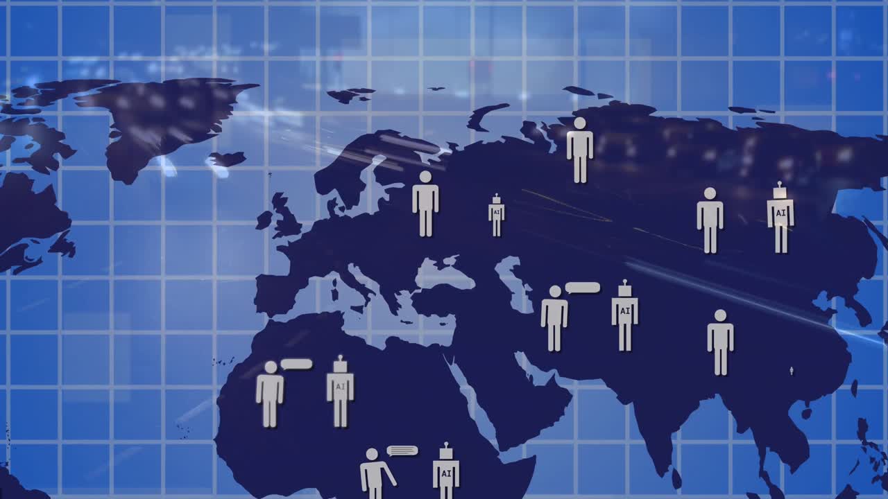 도로 교통 위의 세계 지도에 있는 사람들과 아이콘들의 애니메이션