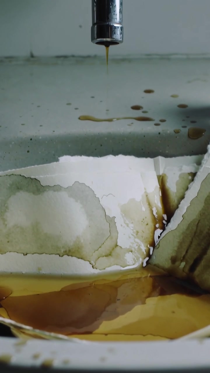 Vertical video: Dripping chrome faucet forming brown drops in home sink, torn paper catching drips