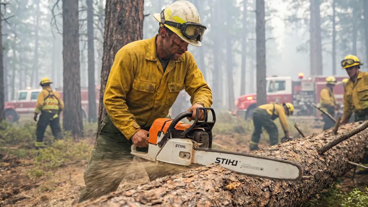 Wildland Firefighter Cuts Fallen Tree with Chainsaw in Smoky Forest