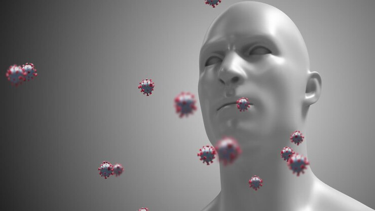 Animation af makro-coronavirusceller, der svæver over en 3D-menneskemodel i baggrunden. 4k