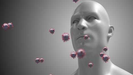 animación de células de macro coronavirus flotando sobre un modelo humano en 3d en el fondo. 4k