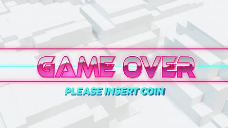 Animation-of-game-over-please-insert-coin-text-banner-over-3d-white-shapes-in-seamless-pattern