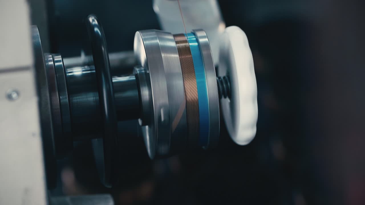 Reveal shot of Machine winding copper coil in slow motion, showcasing detail, craftsmanship, and modern manufacturing technology