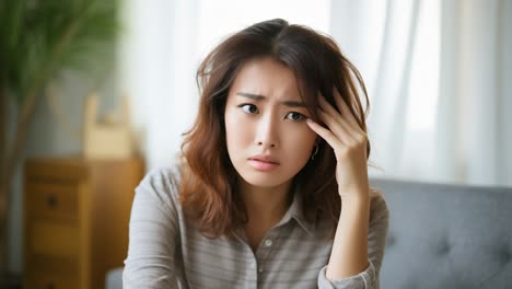 Stressed Asian businesswoman suffering from a strong migraine, touching her head and forehead with her hand, sitting on a sofa at home, feeling tired and exhausted