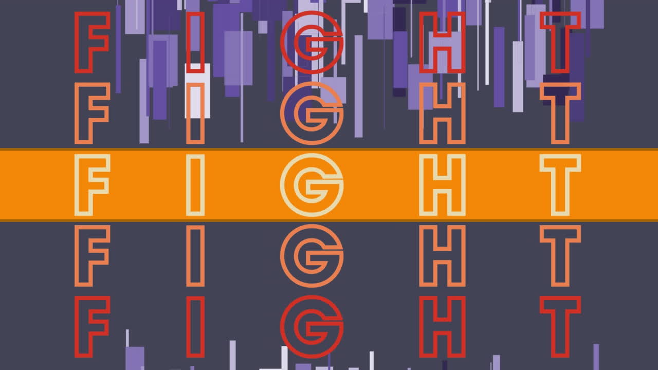 Animation of fight text repeated over shapes on black background