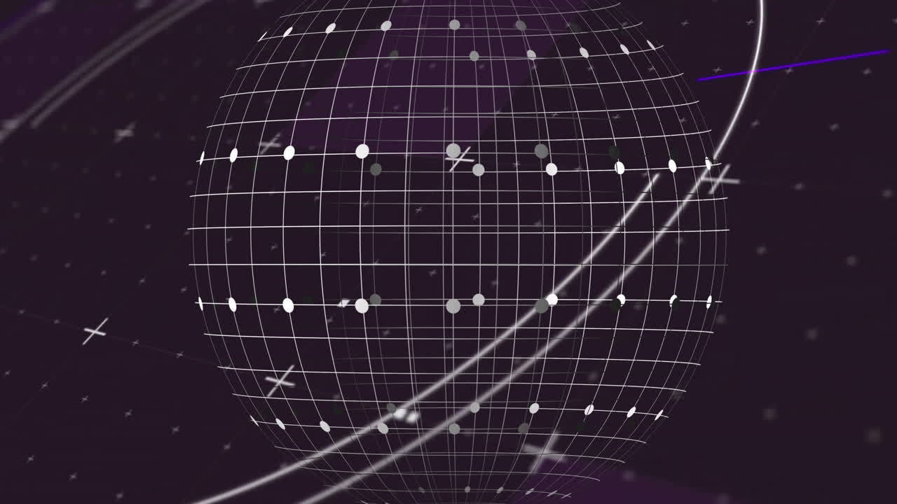 Animation of rotating globe with grid lines and dots on dark purple background