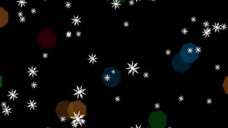 Animation-of-snow-falling-and-christmas-fairy-lights-flickering-over-black-background