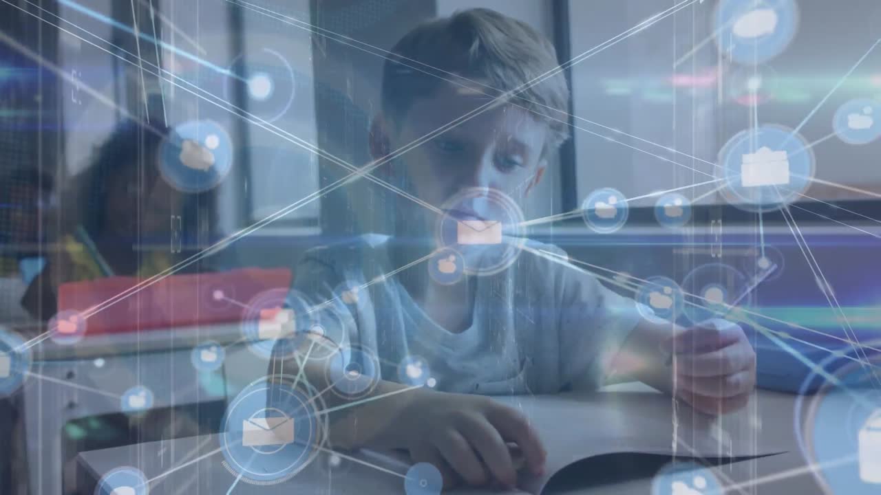 Animation of network of connections and lights over caucsian boy learning at school