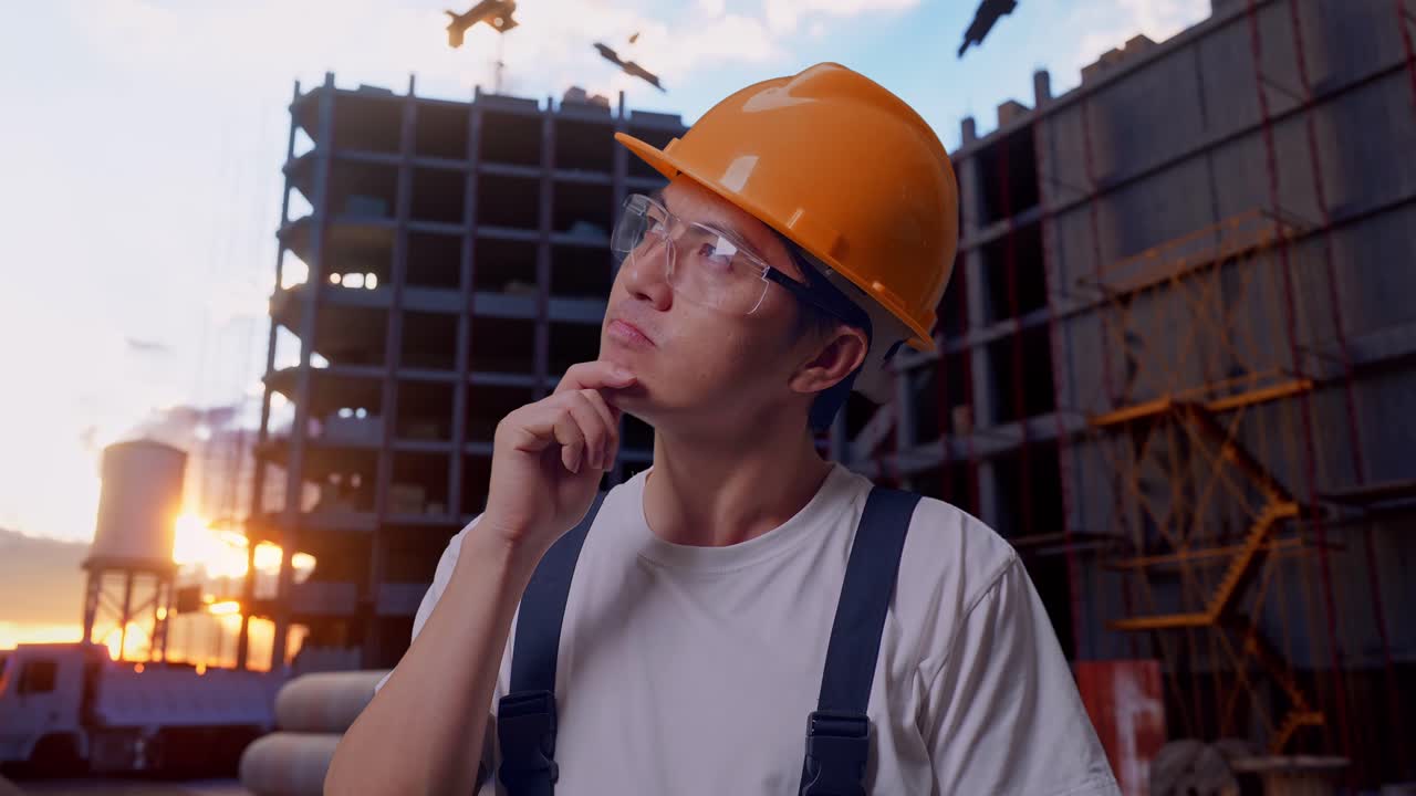 Asian Man Worker Thinking About Something At Construction Site
