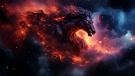 dramatic cosmic horse emerges from fiery clouds at twilight
