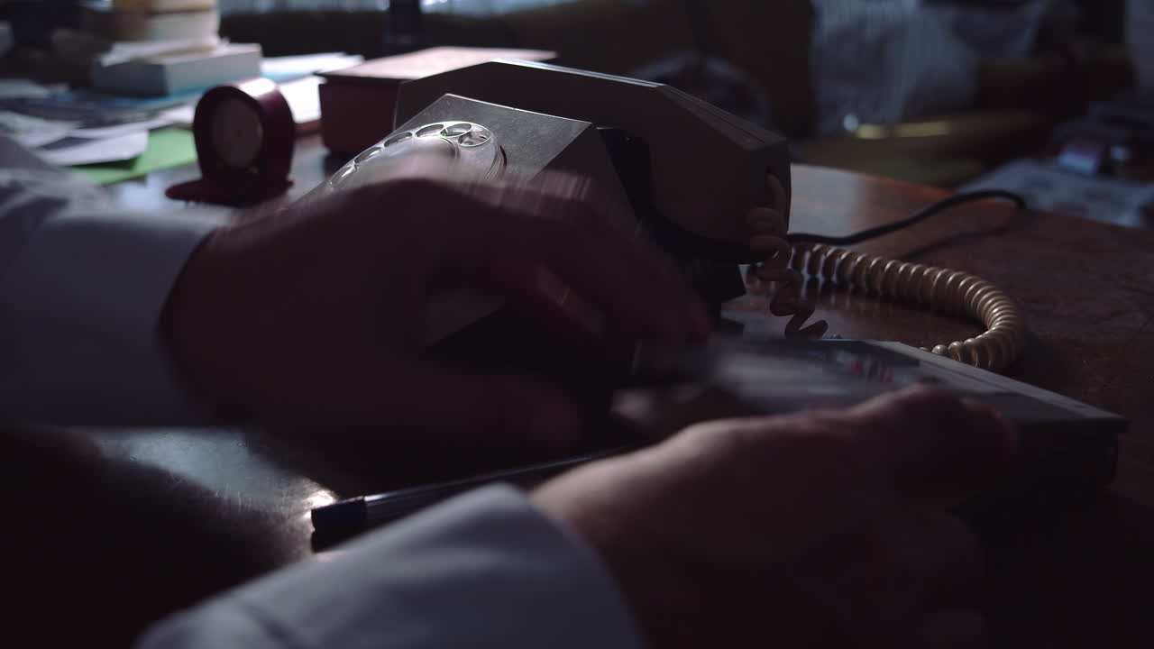 A person in a white shirt at a desk, eating a number in a telephone organism, dialing and talking on an old rotary phone and taking notes