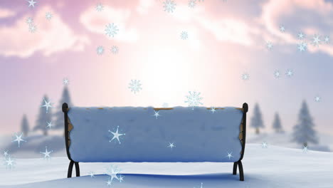 animation of snow falling over bench covered in snow in winter scenery
