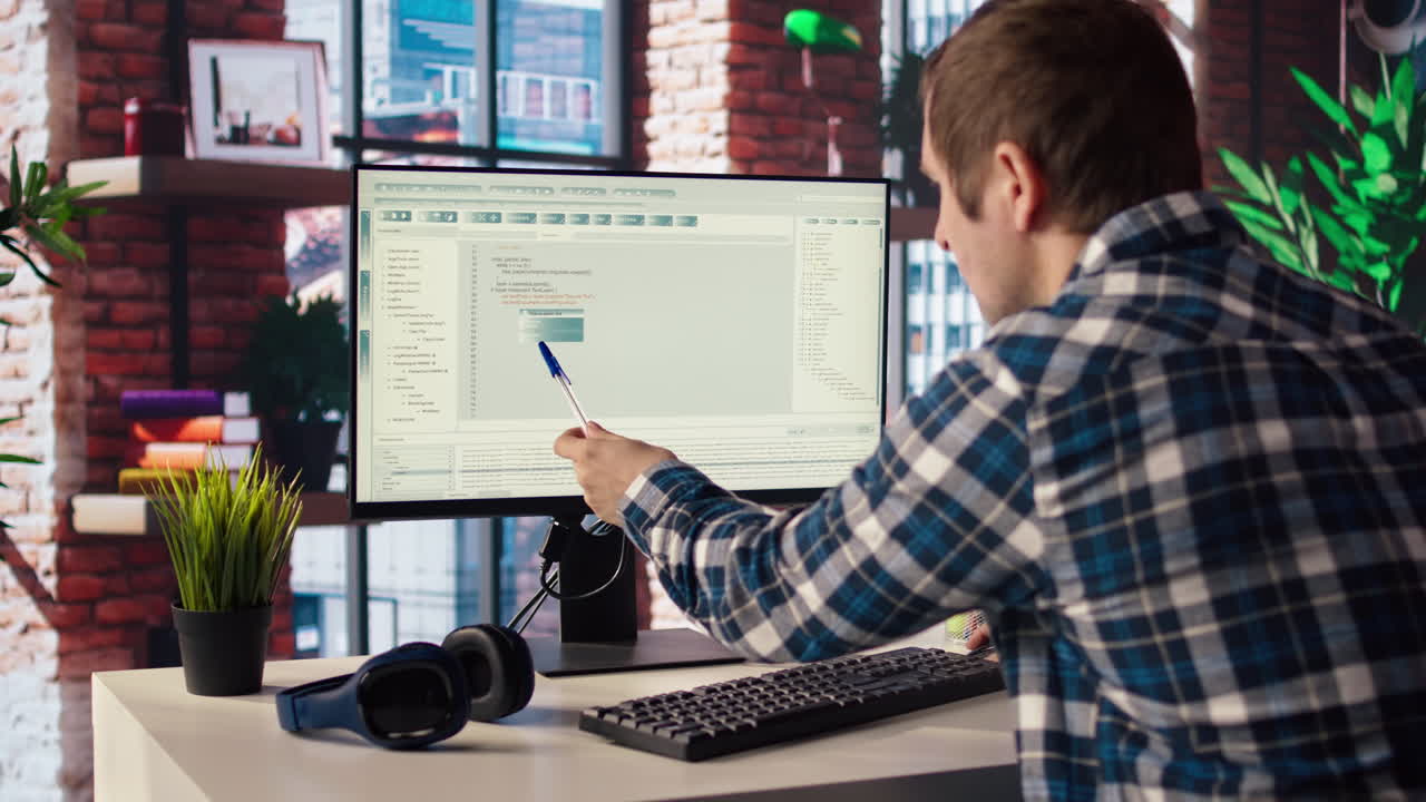 desarrollador de software en la computadora esperando que el código termine de compilarse, bostezando