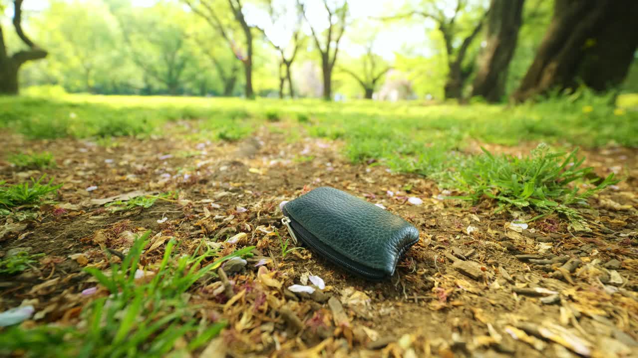 Close-Up of a Man Picking Up a Wallet in the Park on a Sunny Day