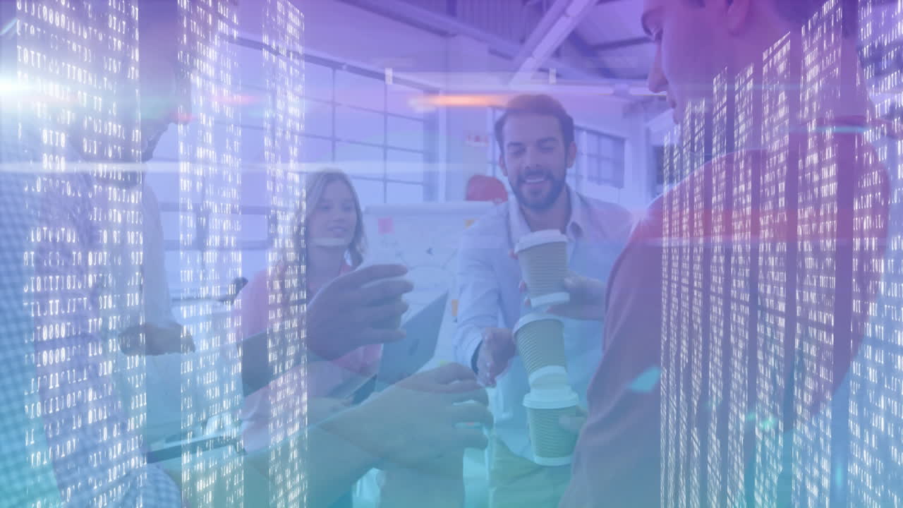 Five colleagues raising coffee cups in modern tech office, showcasing floating binary code overlay