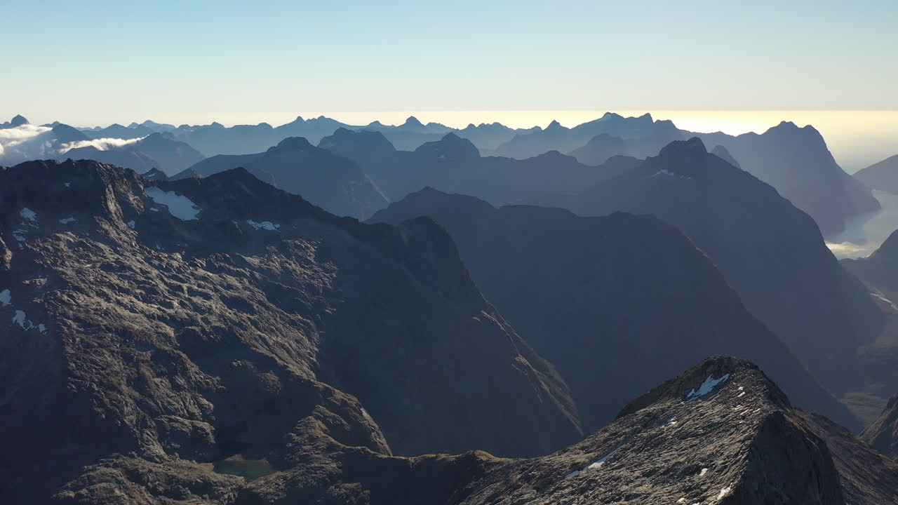 Stunning aerial drone view of the Southern Alps mountain range on New Zealand's South Island