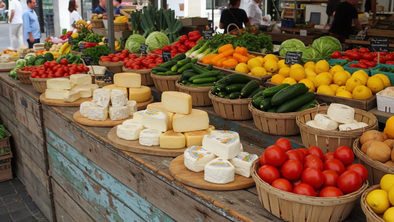 Vibrant Market Display of Fresh Produce and Artisan Cheeses Showcasing a Colorful Array of Fruits and Vegetables in Abundance at a Local Farmers' Market