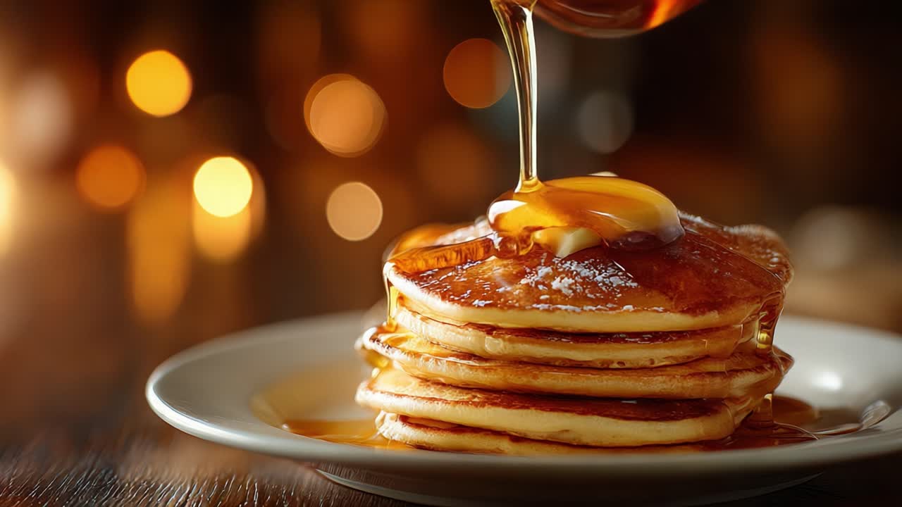 Delicious Stack of Fluffy Pancakes Drizzled with Maple Syrup and Topped with Butter, Captured in a Warm, Inviting Setting Full of Glowing Bokeh Lights