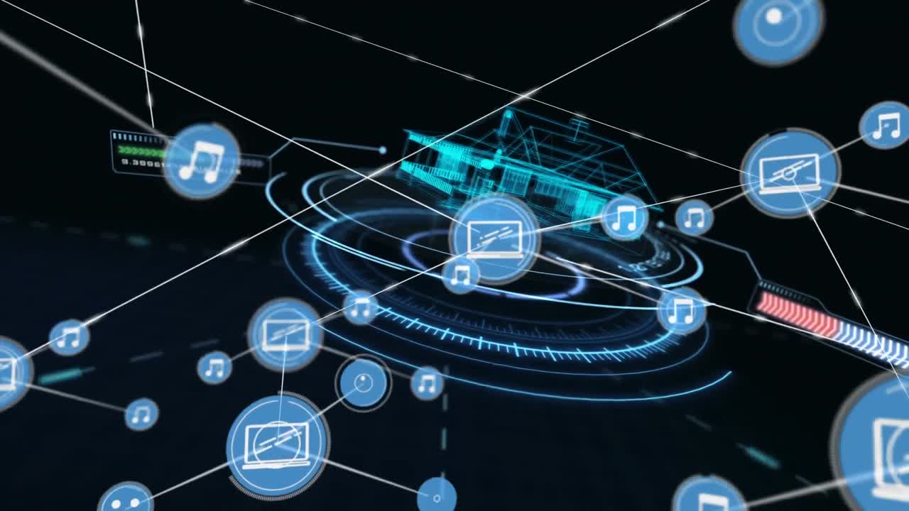 Network of digital icons against round scanner and 3d house model spinning on black background
