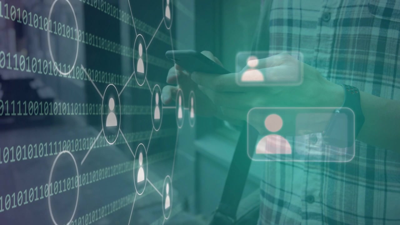 Man tapping phone, node graph expanding left, binary avatars forming chat web near hands for tech