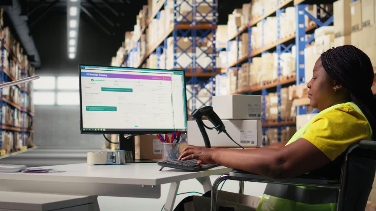 Vertical Video African american wheelchair user in safety vest processing cargo orders on pc