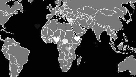 heart icons highlighting specific countries on africa and europe map animation