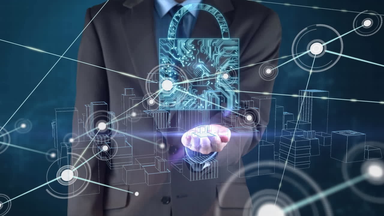 animación del candado de seguridad en línea, red de conexiones con empresarios sobre el paisaje urbano en 3d