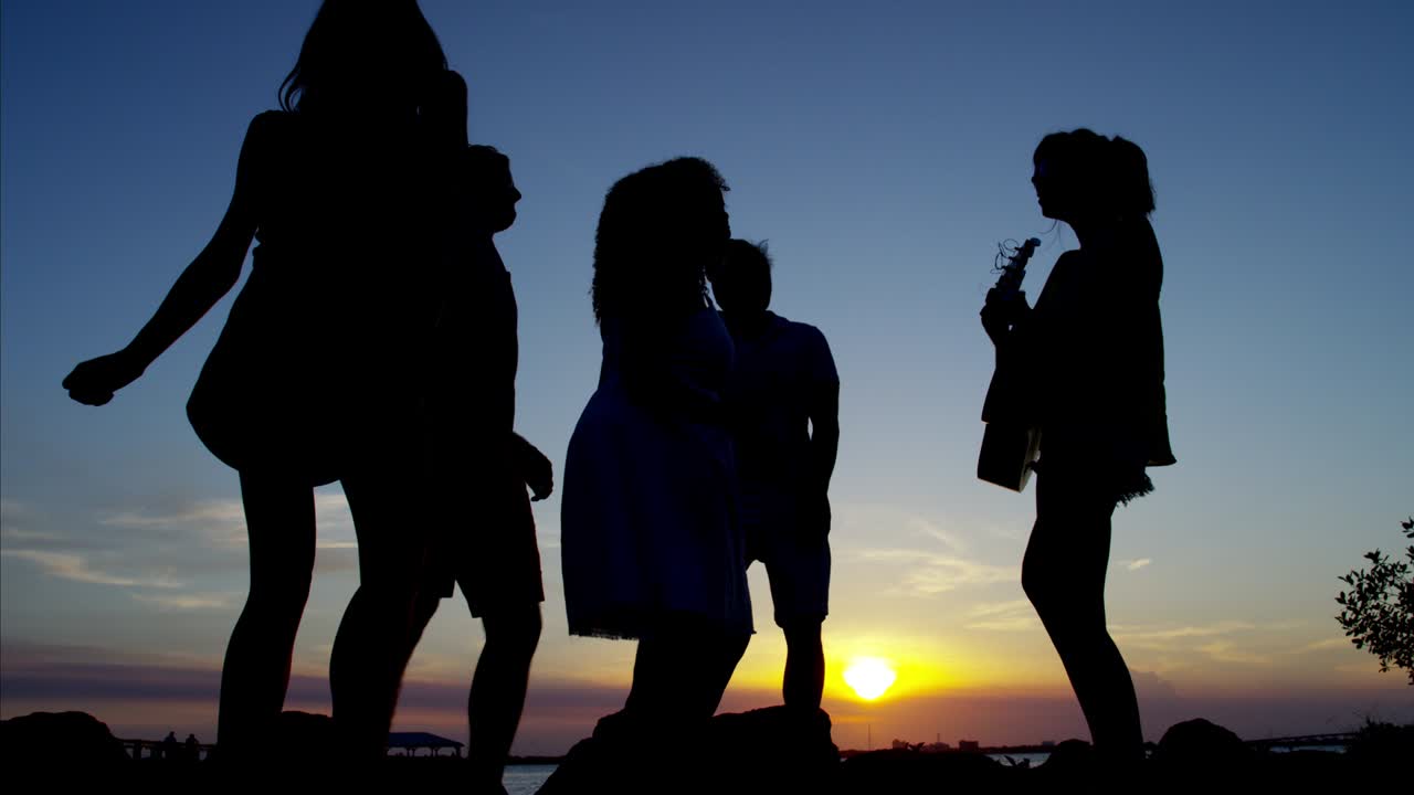 해가 지는 해변에서 기타를 들고 있는 사람들의 실루