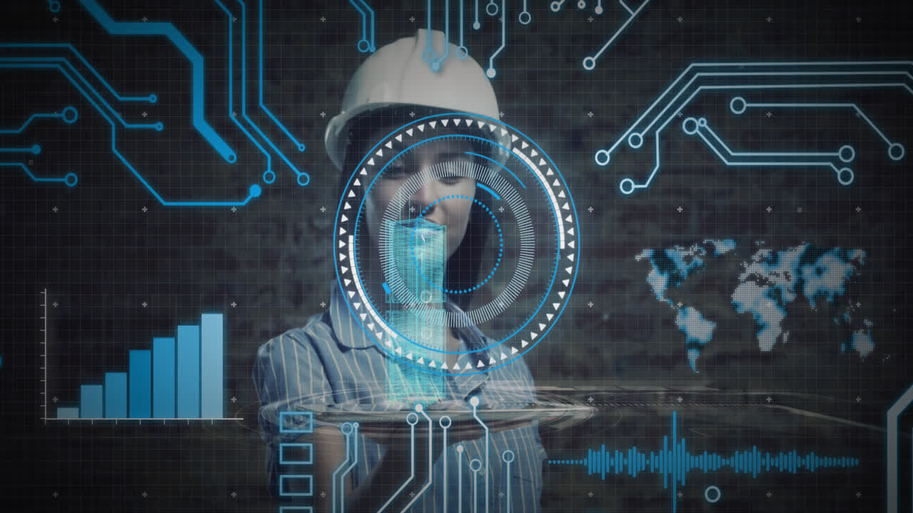 animazione della scansione della portata e dell'elaborazione dei dati su un'architetto donna che tiene in mano un tablet