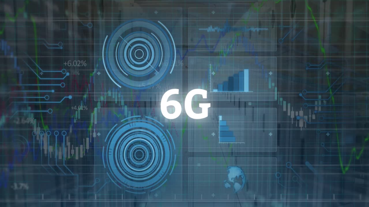 animación de texto 6g, estadísticas y procesamiento de datos en el fondo de servidores informáticos