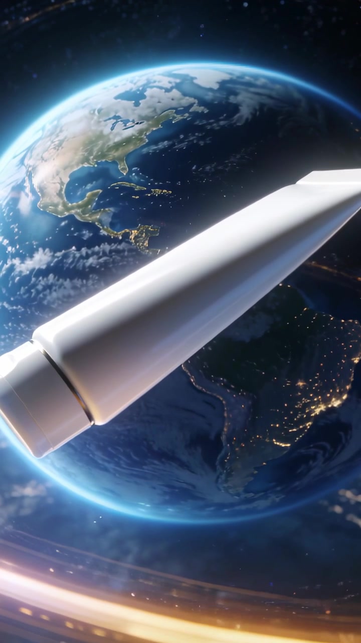 Vertical video: Orbiting above Earth white tube rotating and drifting right, revealing sunrise glow