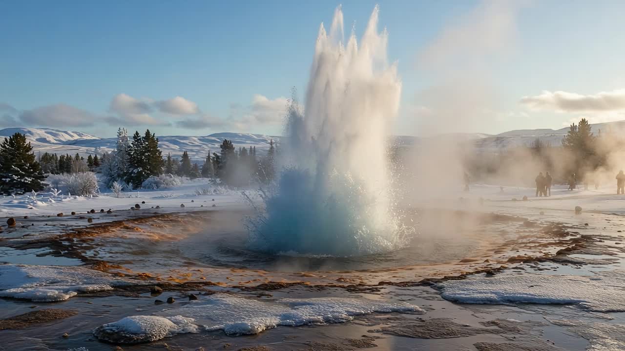 Majestic Eruption of a Geyser Amidst a Winter Wonderland: A Stunning Display of Nature's Power in a Snow-Covered Landscape