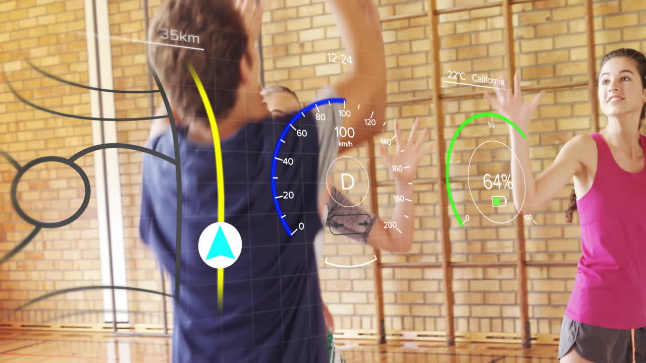 In school gym, children playing basketball with animation of performance metrics overlay